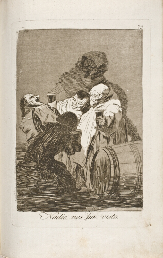A black and white print of cloaked figures drinking by a wine barrel, as a shadowy cloaked figure in the background watches over them