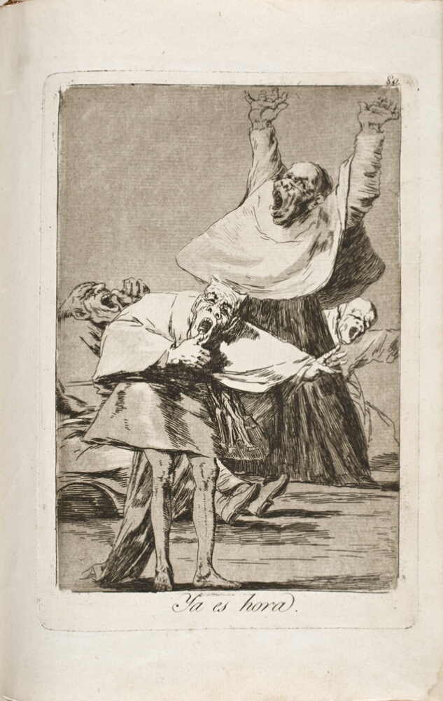 A black and white print of grotesque figures crying out in distress. One stands in a short skirt facing the viewer as another stands behind with arms raised