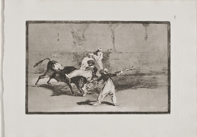 A black and white print of a man caught on a bull's horns in an arena, as it charges towards a standing man pointing a harpoon at it