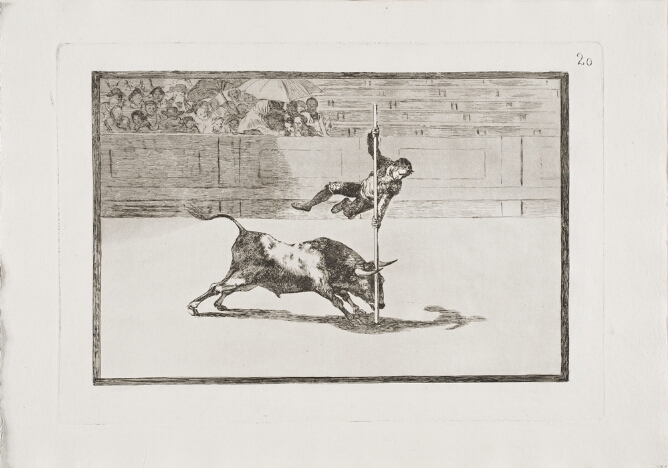 A black and white print of a man spinning on a pole above a charging bull in an arena, while a crowd watches to the viewer's left