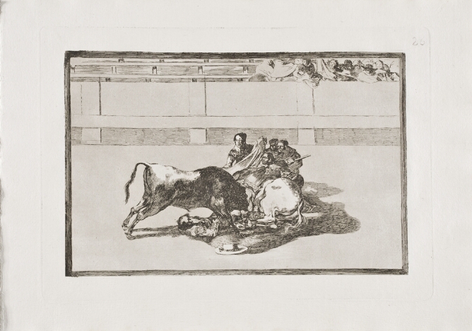 A black and white print of a bull standing over a man on the ground and charging towards a fallen horse and a group of figures, while a crowd watches to the viewer's right