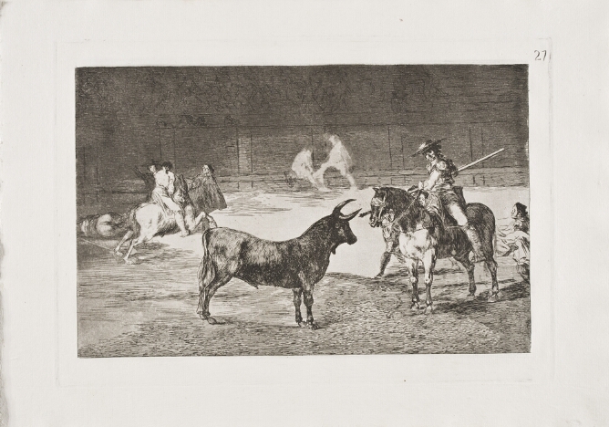 A black and white print of a man on horseback facing a standing bull, with another figure on horseback and other figures nearby