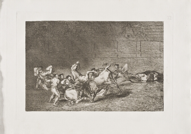 A black and white print of a bull charging towards a falling horse and a group of men aiming a spear at the bull. Nearby, a figure is being carried and a horse lies on the ground