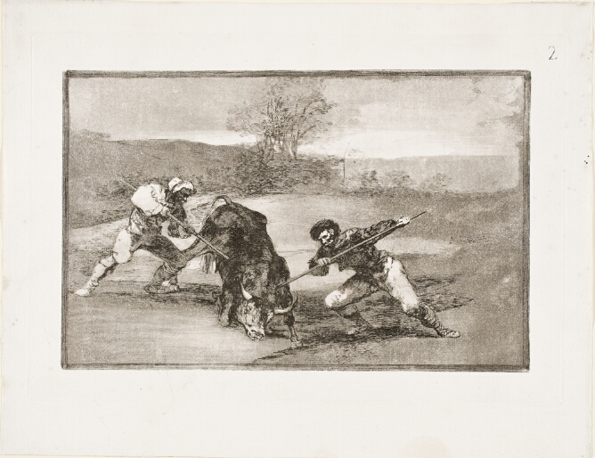 A black and white print of two men spearing a bull in a landscape