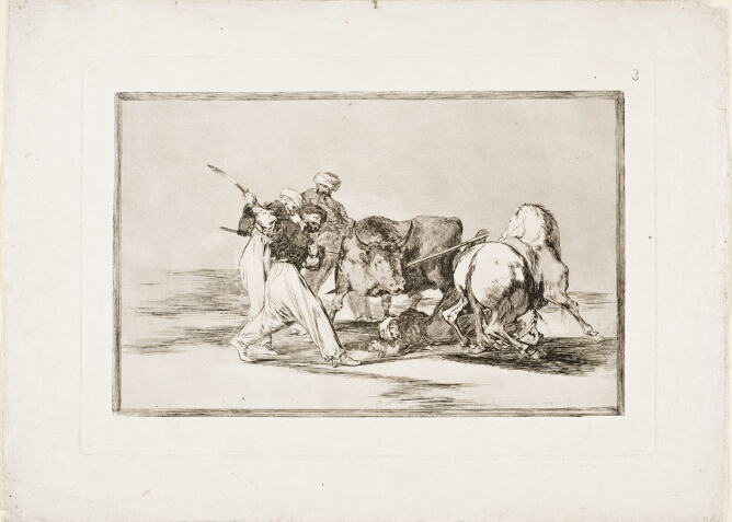 A black and white print of figures with a sword and spear attacking a bull, while another figure lies on the ground between the bull and a horse