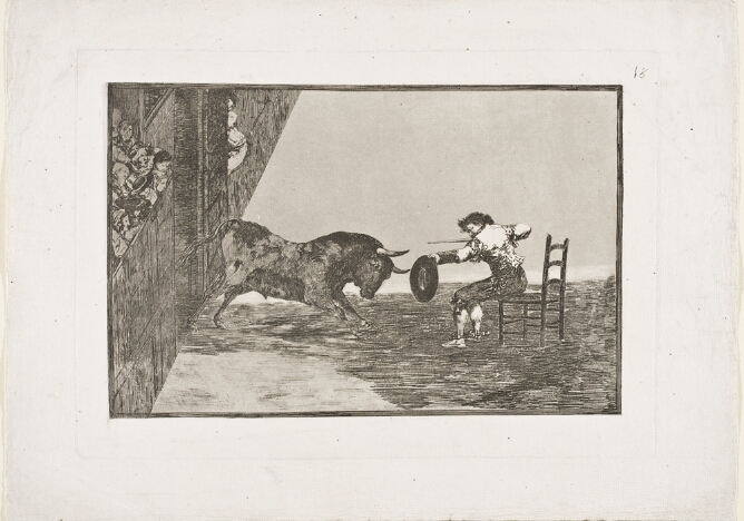 A black and white print of a man sitting in a chair in an arena, aiming a spear and hat at a charging bull, while a crowd watches to the viewer's left