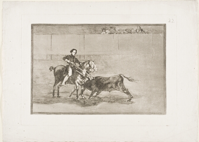 A black and white print of a man on horseback spearing a bull in an arena, while a faint crowd watches to the viewer's right