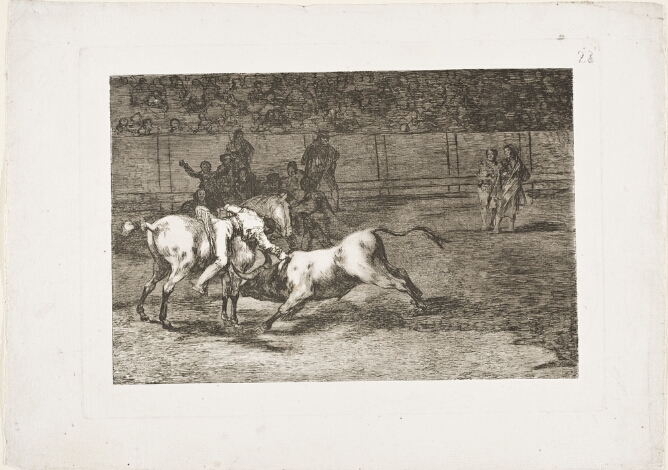 A black and white print of a man on horseback stabbing a bull in an arena, with onlookers, and a faint crowd in the background
