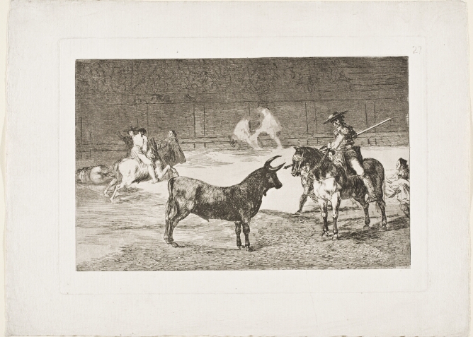 A black and white print of a man on horseback facing a standing bull, with another figure on horseback and other figures nearby