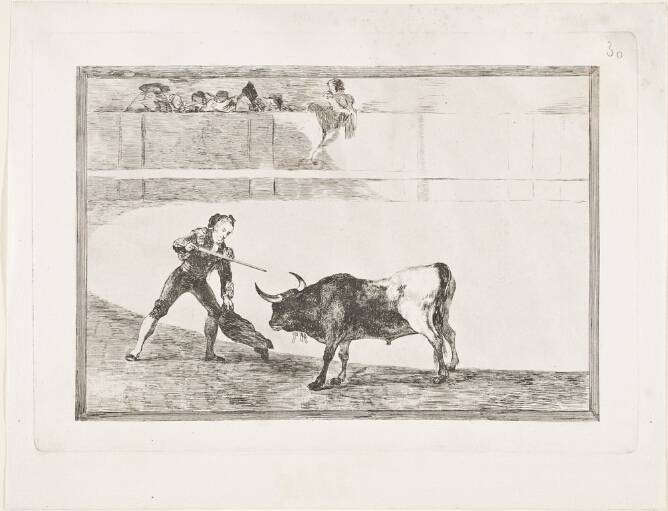 A black and white print of a standing man in an arena, pointing his sword at a facing bull, while a crowd watches to the viewer's left