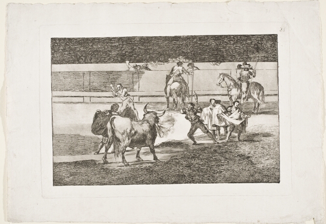 A black and white print of figures holding firecrackers, facing a bull in an arena, with other figures and figures on horseback, and a crowd in the background