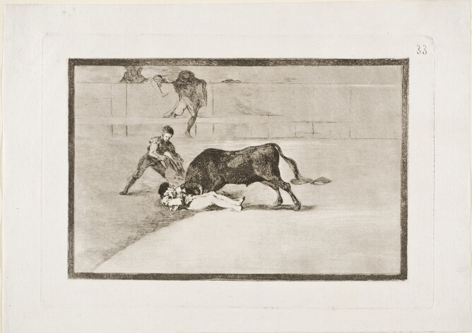 A black and white print of a bull goring a man lying on the ground of an arena, while a standing figure holds a cape beside them. Other figures climb into the arena