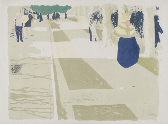 A color print shows a low perspective view of figures walking along an avenue
