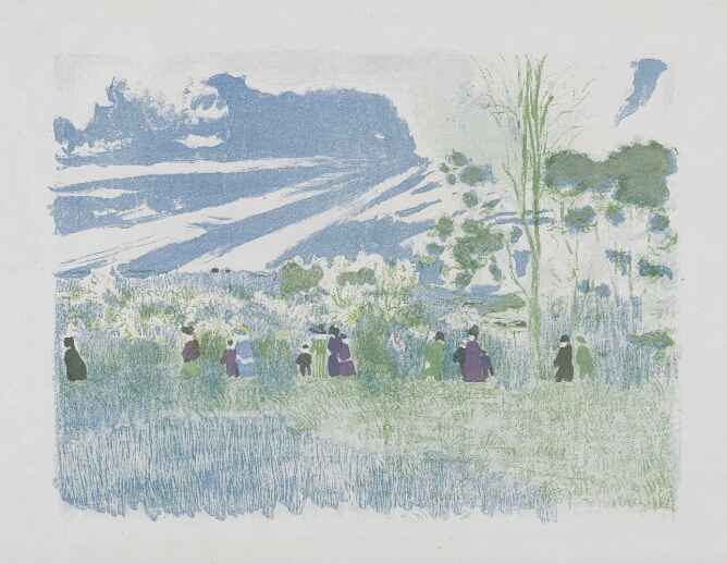 A color print of figures seen from a distance walking along an open field