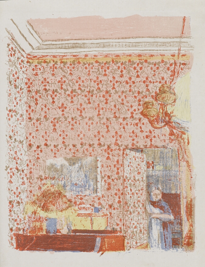 A color print of a room seen from a high vantage point, with vibrantly patterned wallpaper dominating the scene, as a woman stands by an open door