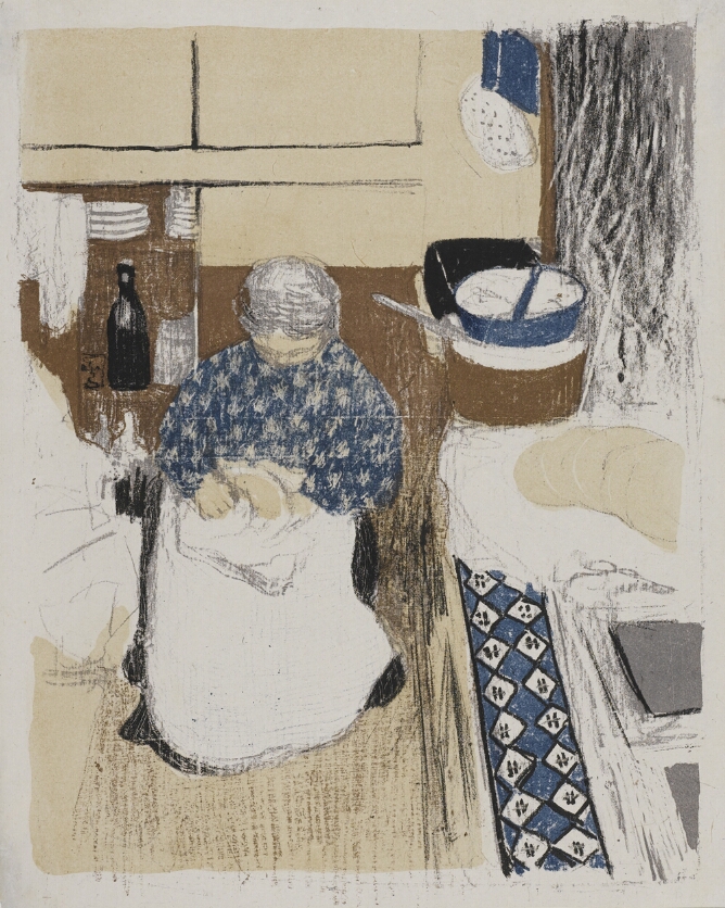 A color print of a woman seated in a kitchen with her head bowed over an object that she is holding in her lap