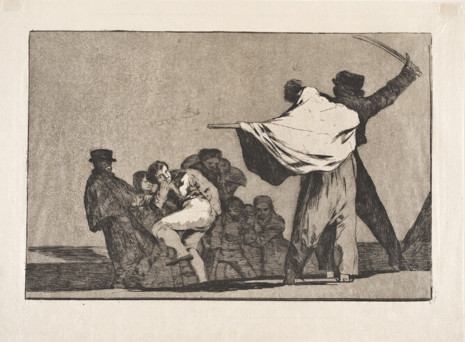 A black and white print of a man in shadow seen from the back, weilding a sword, standing next to a scarecrow and in front of an amused crowd