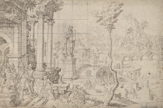 A mixed media drawing of figures standing and sitting in front of columned building. Bridges, buildings and figures can be seen at a distance in the background
