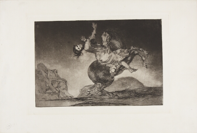 A black and white print of a rearing horse snatching a woman by her dress with its mouth. In the background, a monstrous head traps a figure in its mouth