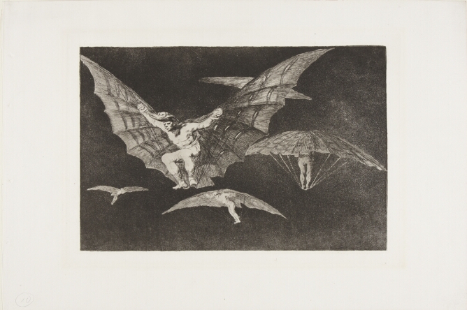 A black and white print of a man gliding through the air with a set of giant wings, alongside other gliding figures