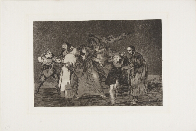 A black and white print of a standing woman pulling the hand of a man being scolded by a figure, while also holding onto the hand of a two-faced figure