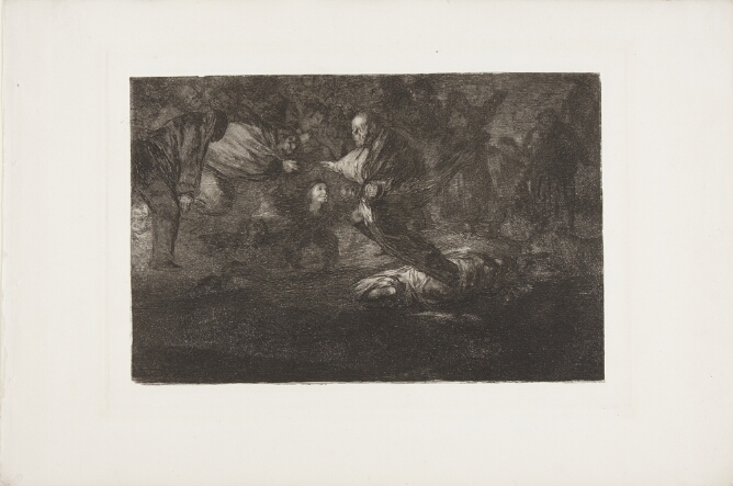 A black and white print of a figure lying on the ground with phantom-like figures blurred together in shadow and floating above the figure
