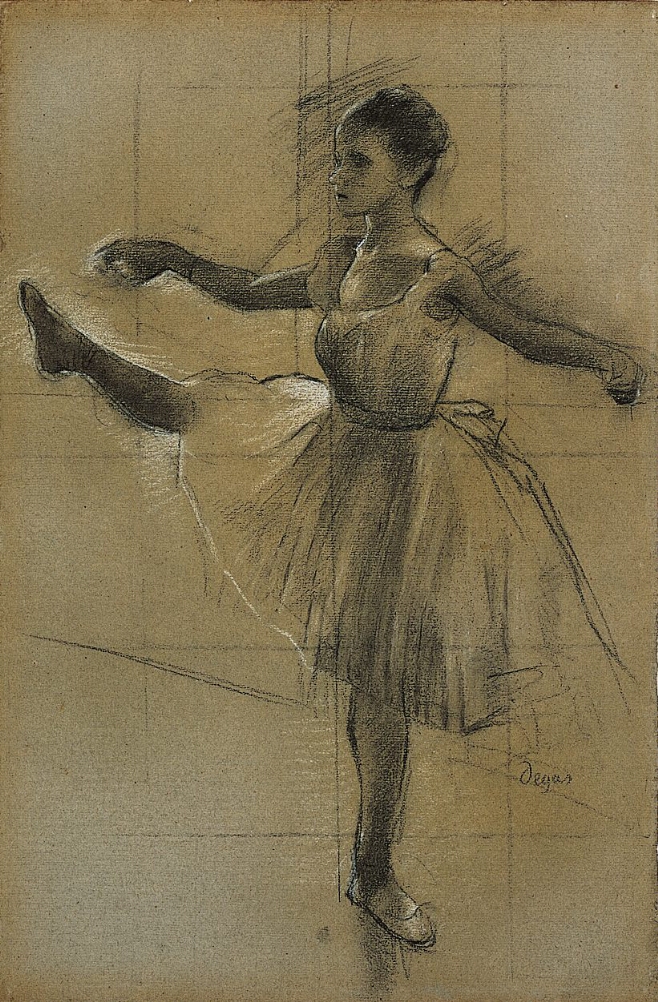 A mixed media drawing of a ballet dancer with arms outstretched, balancing on one leg while extending the other leg to the side