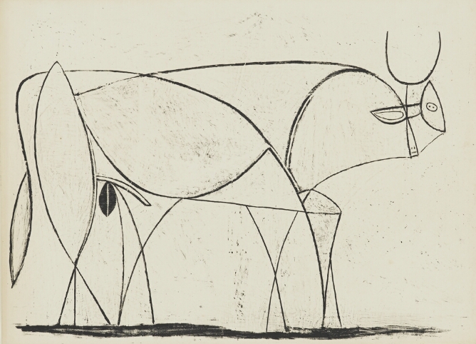 A black and white abstract print of a standing bull facing the viewer's right