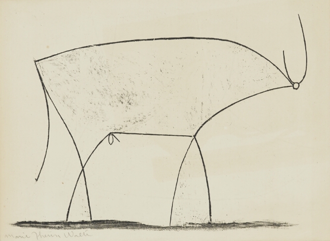 A black and white abstract print of a standing bull stick figure facing the viewer's right