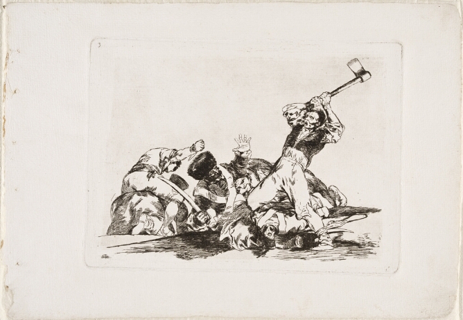 A black and white print of a standing man wielding an axe against a soldier below him, with figures fighting and lying on the ground beside them