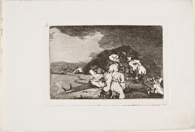 A black and white print of soldiers surrounding and lifting a figure lying on the ground near mountains