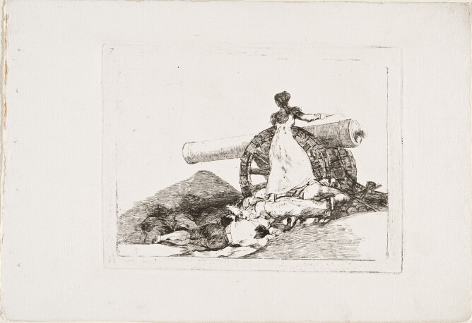A black and white print of a woman standing on a pile of bodies, lighting a cannon