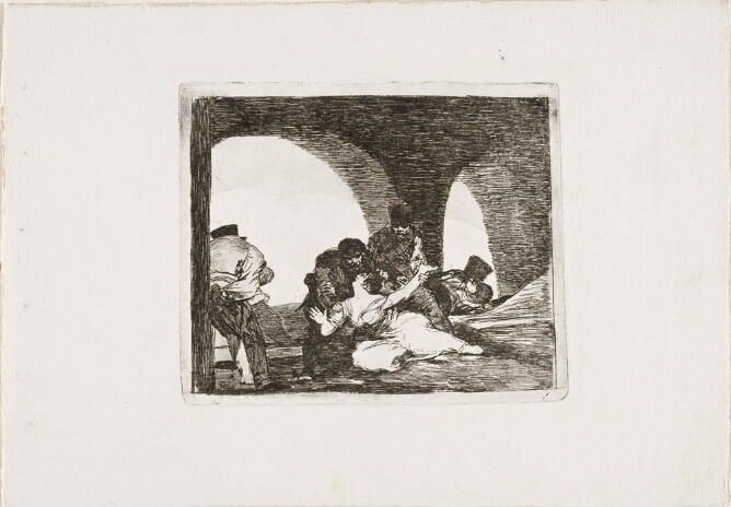 A black and white print of two men grabbing a woman on the ground under an arched structure, while another man leans against a wall beside them