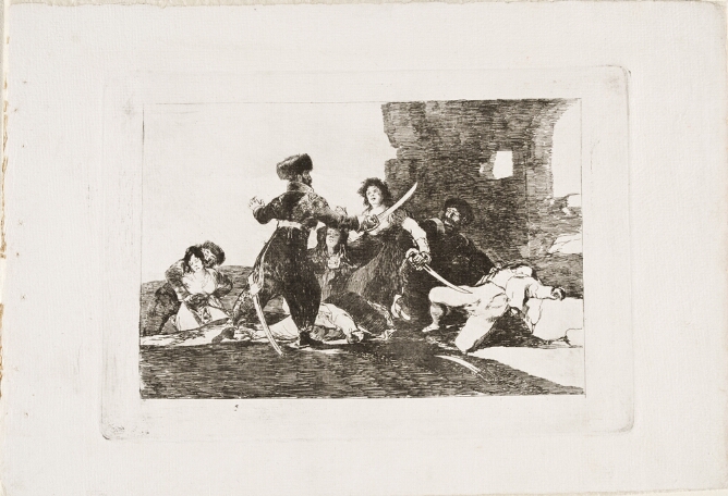 A black and white print of a soldier with a sword approaching a standing and sitting woman, while lifeless figures lie beside them. Nearby, a woman is being held against her will by another soldier