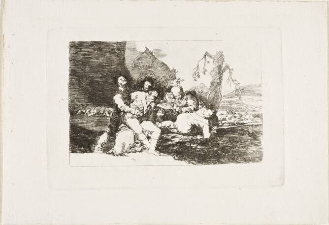 A black and white print of two standing men holding up a sitting soldier, while two other figures watch over fallen soldiers by a tree