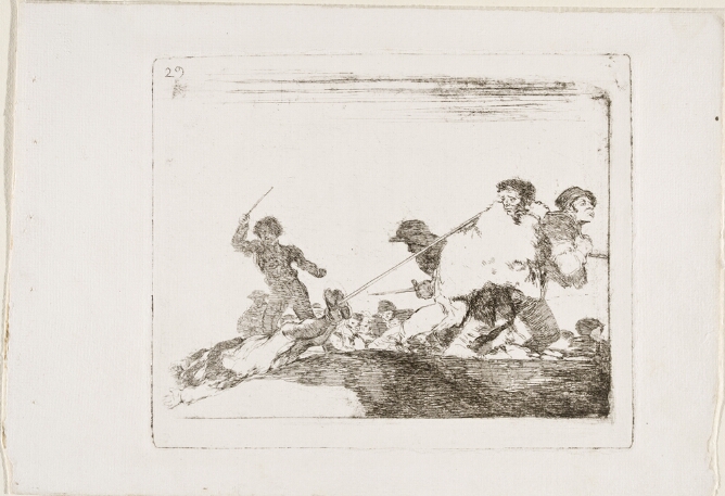 A black and white print of men dragging a figure on the ground by a rope tied around the figure's feet
