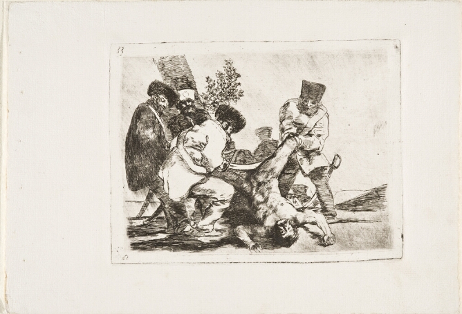 A black and white print of soldiers holding a naked man upside down, with a soldier holding a sword between the man's legs