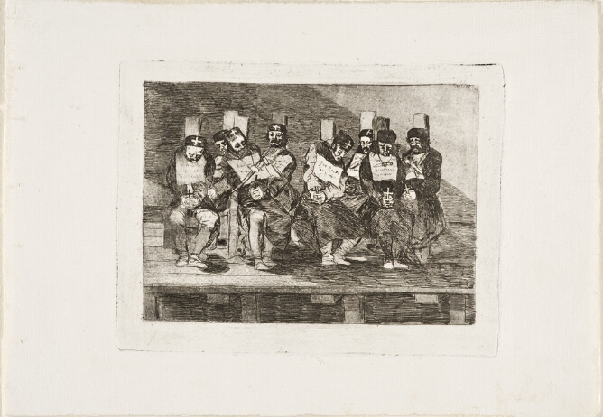 A black and white print of eight robed men sitting in a row on a platform with their backs to a post, with bound hands clutching a crucifix