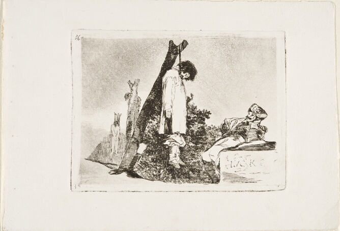A black and white print of a hanging man on a tree stump with a soldier leaning back on a ledge, gazing up at him. In the background, two other figures hang on tree stumps