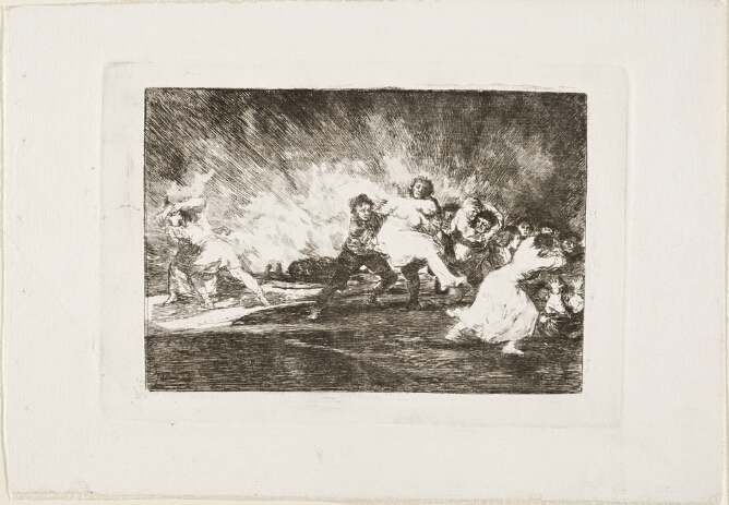 A black and white print of men carrying women away from a fire as others flee