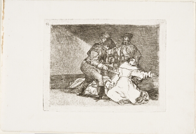 A black and white print of a standing man stabbing a collapsing robed figure, as two other standing figures look on from behind