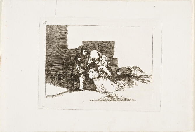 A black and white print of a woman's lifeless body being held up by three other woman, while another figure lies face down on the ground behind them