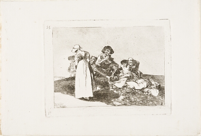 A black and white print of a well-dressed young woman walking with her head down by a group of emaciated figures