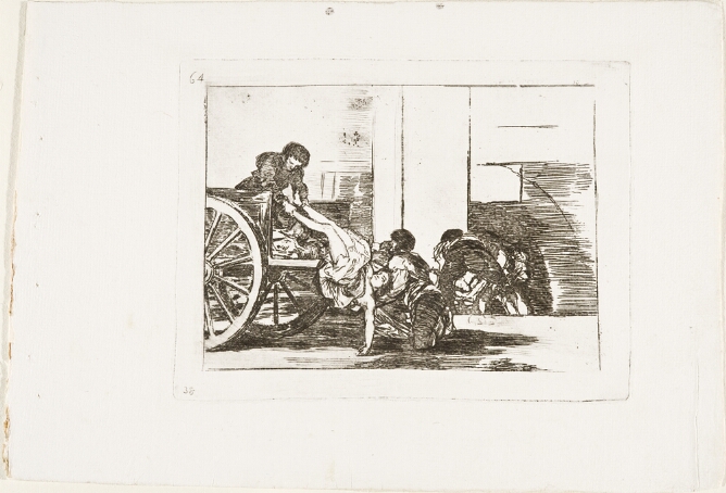 A black and white print of two men lifting a lifeless woman's body, feet first, onto a cart
