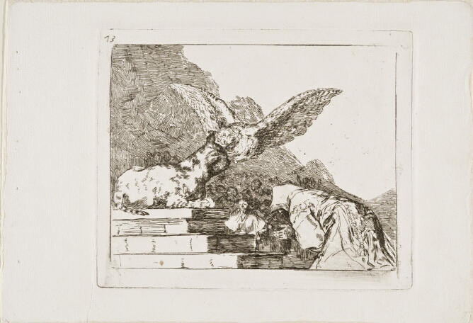 A black and white print of an owl swooping in on a large cat lying on steps in front of a bowing hooded figure, while a crowd watches below