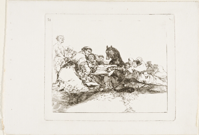 A black and white print of a sitting wolf writing with a quill on paper, as a crowd gathers