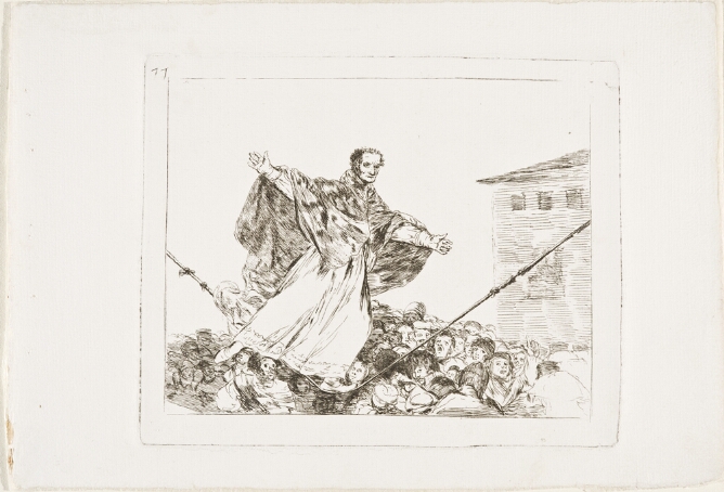A black and white print of robed figure balancing on a tightrope above a crowd