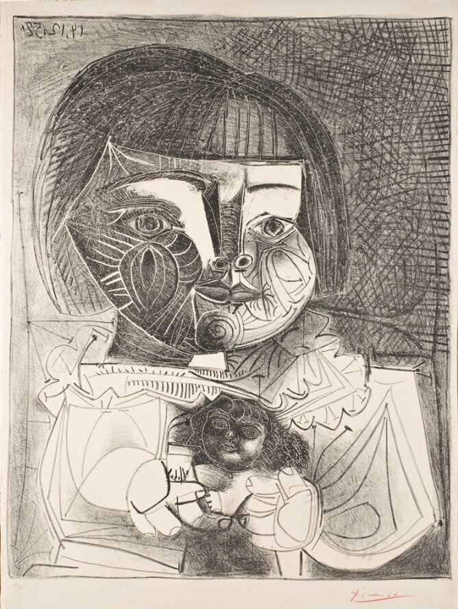 A black and white abstract portrait of a little girl, using decorative lines, shown from the chest up, holding a doll