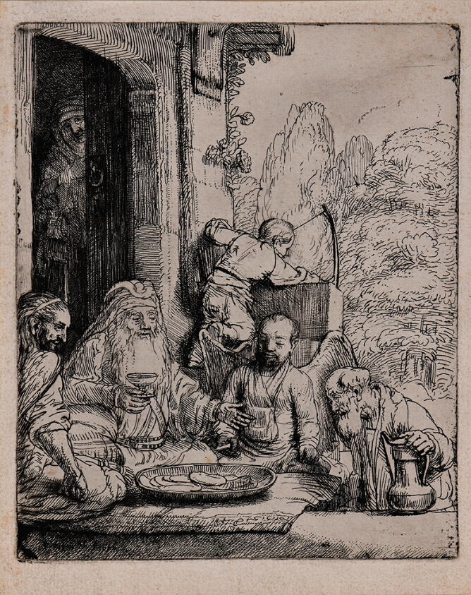 A black and white print of a sitting elderly figure holding a cup and engaging with winged figures, as a standing woman watches by an open door behind him