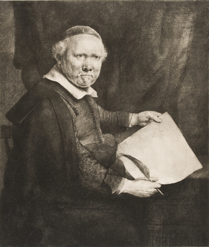 A black and white detailed portrait of a sitting man, shown from the knees up, turned toward the viewer, wearing a skull cap and holding a paper and quill